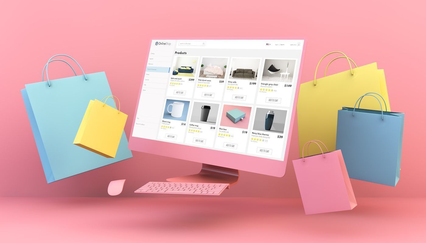 Floating computer online shop and shopping bags in pink background 3d rendering